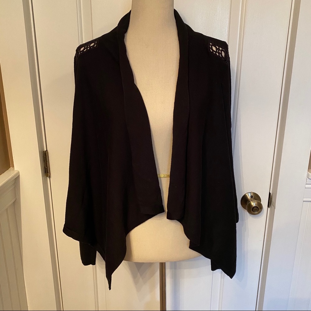 KAREN MILLEN SWEATER CARDIGAN BLACK OPEN WORK CASCADE FRONT Size M 8